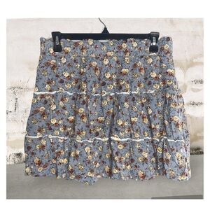 Indigo Rising Slate Blue Floral Print Ruffle Tier Elastic Waist Mini Skirt L